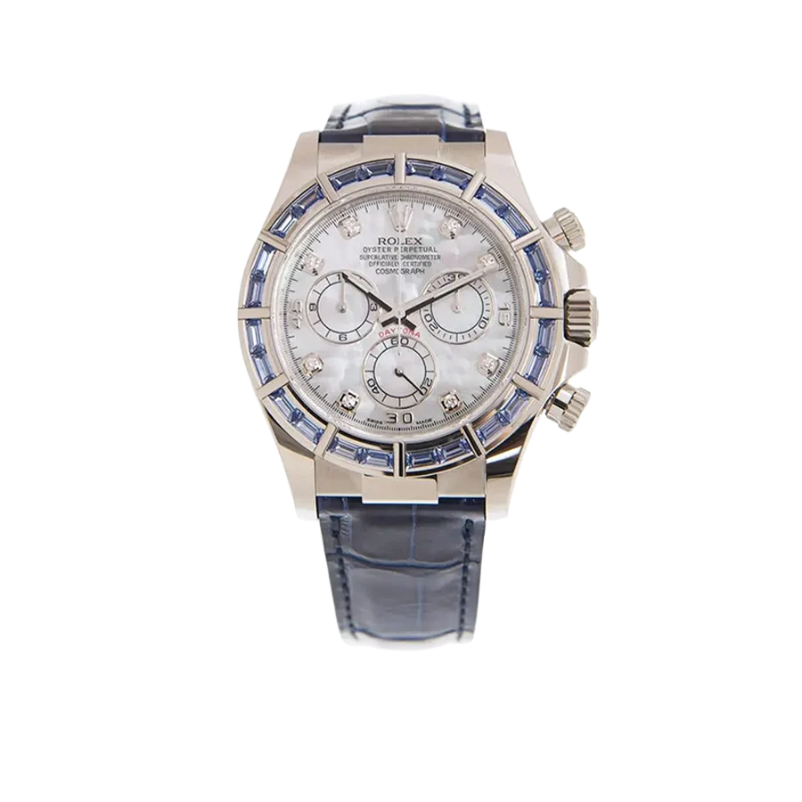 Cosmograph Daytona 40mm 116589SACI White Gold Blue Sapphire Bezel White Mother of Pearl Diamond Dial