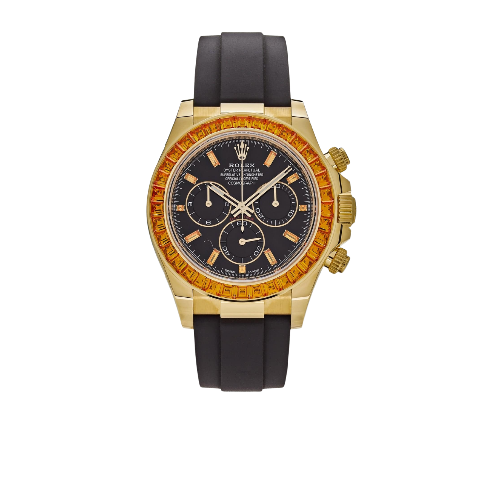 Daytona 116588SACO Yellow Gold Orange Sapphire Bezel Black Diamond Dial