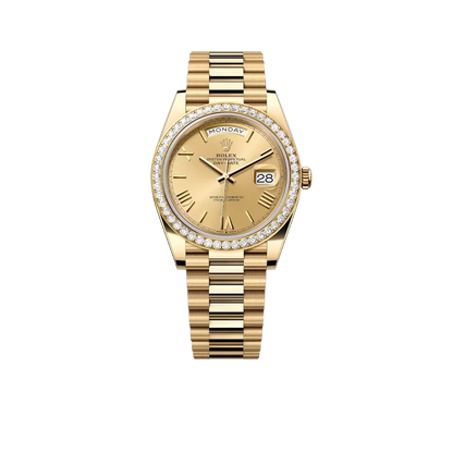 Day-Date 40 228348RBR Yellow Gold Diamond Bezel Champagne Roman Dial
